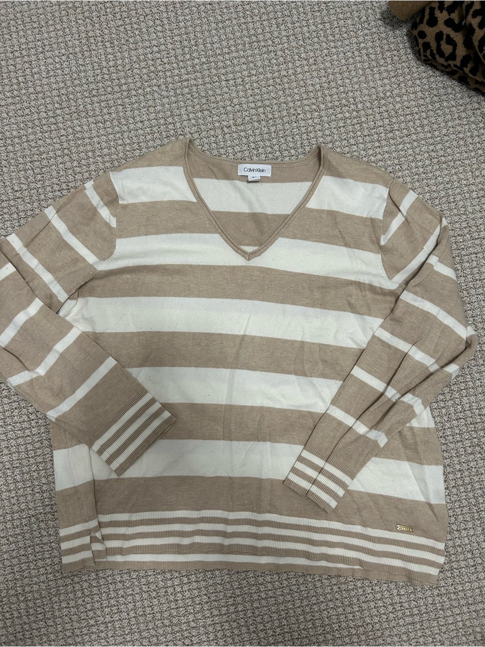Calvin Klein women’s Cream and Tan Striped V-Neck Sweater